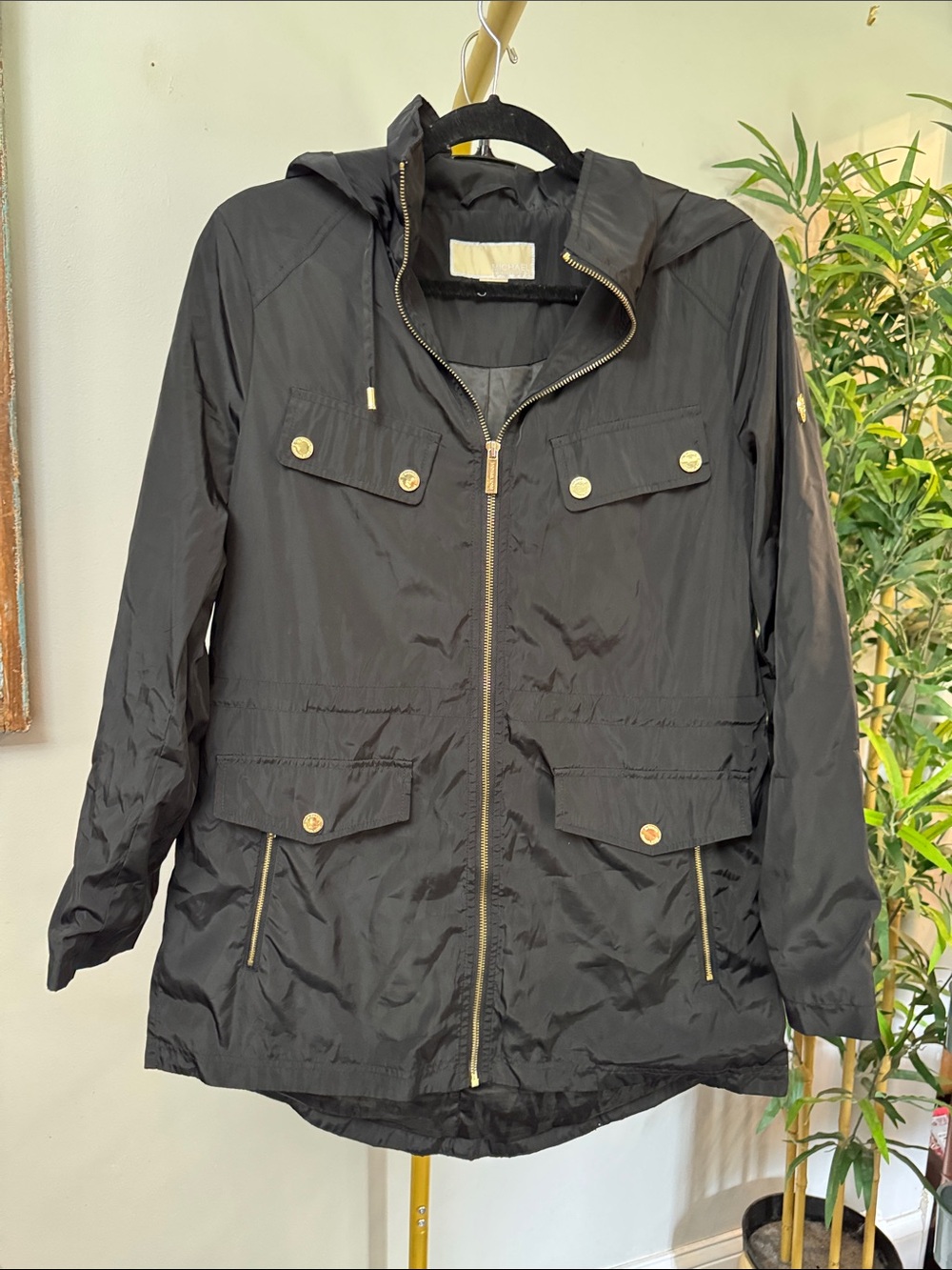 Michael Kors Black Hooded lightweight Utility Jacket with Gold-Tone accents